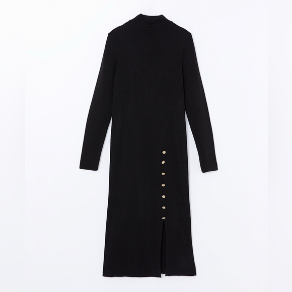 DKNY Black Knit Mock Neck Button Detail Long Sleeve Sweater Dress Size M - Picture 1 of 11